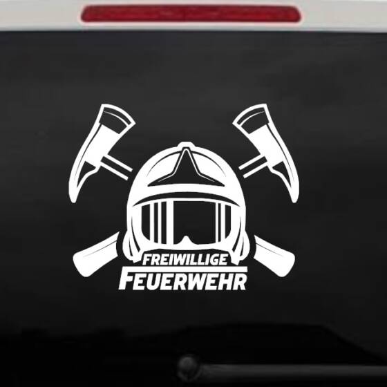 Nahaufnahme eines Feuerwehr-Aufklebers mit Helm und Äxten, geeignet für Autoscheiben.